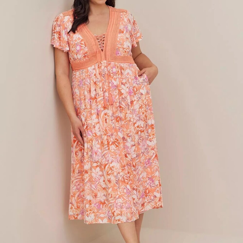 Torrid Crinkle Gauze Lace Up Tea Length Dress Floral Coral Plus Size 4X‎ NWT